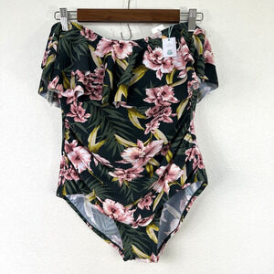 Kona Sol Swimsuit Womens Size L Green Floral One Piece Flounce Ruffle NWT